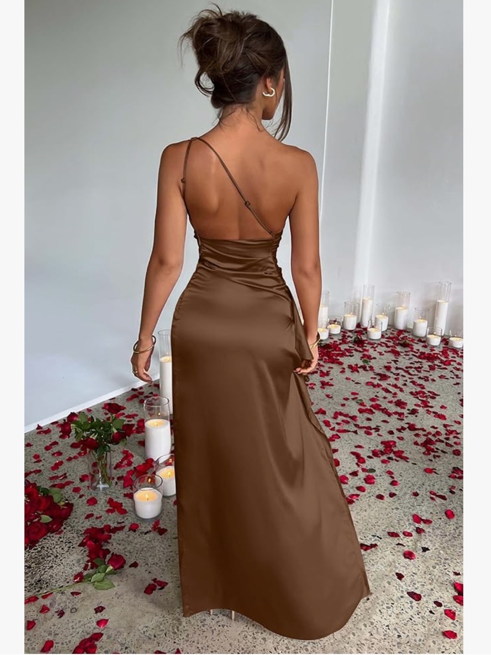 OYS Formal Gown Sexy One Shoulder High Slit Satin Brown Med & Large Glam - Picture 2 of 7